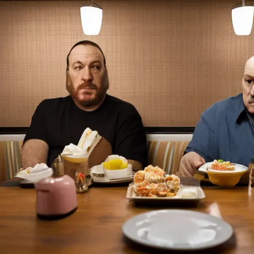 Image similar to tony soprano and walter white eating at a diner together, photorealistic, alone in the diner, having a good time, hyperrealistic, 8 k, ultra hd
