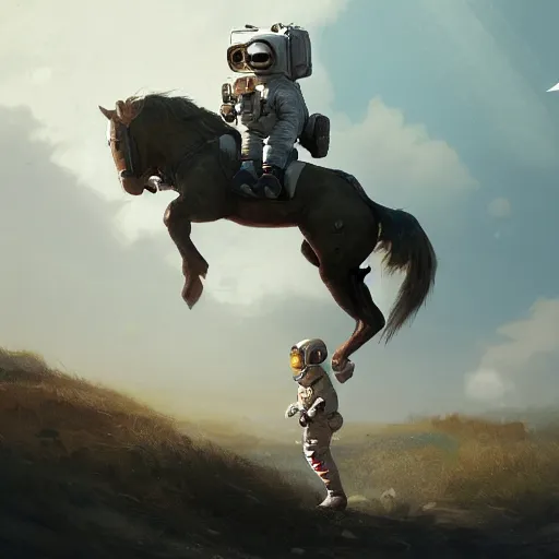 Image similar to an astronaut boy riding on a horse, style game square enix life, trending on artstation, painted by greg rutkowski, render naughty dog, octane render, detailed