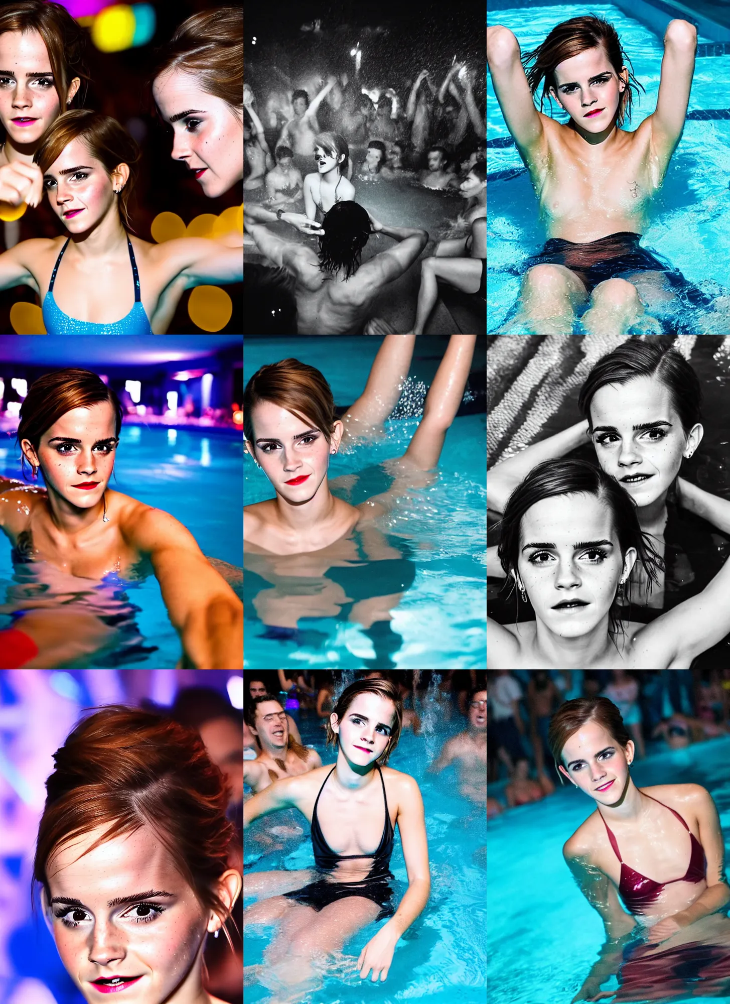 Prompt: medium shot photo of emma watson partying super drunk in the pool, having fun being the center of attention in a pool party in a crowded modern indoors pool with cyberpunk illumination at night. sensual photo. symmetrical balance, in - frame. photorealistic