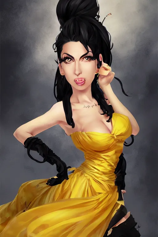 Prompt: Amy Winehouse in yellow dress in a blade and soul spinoff artbook rendered by the artist Taran Fiddler, Joe Madureira, Nadezhda Tikhomirova, Jiyun Chae, Lê Long, trending on Artstation by Hyung Tae Kim, artbook, Stanley Artgerm Lau, WLOP, Rossdraws , James Gurney