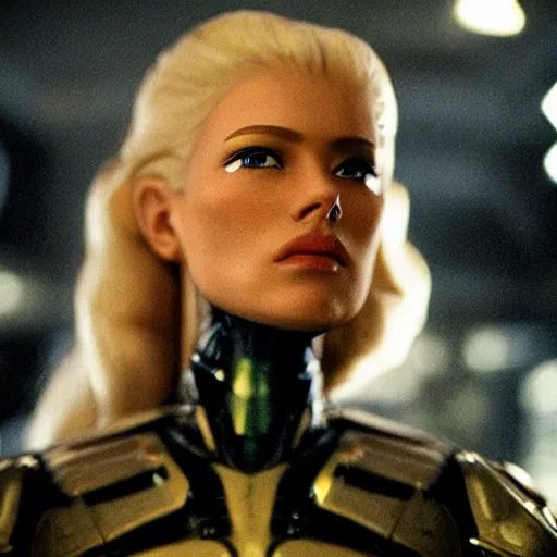 Image similar to very pretty blond borg queen on a borg ship, perfect face, symmetrical face, moody lighting, shallow depth of field,