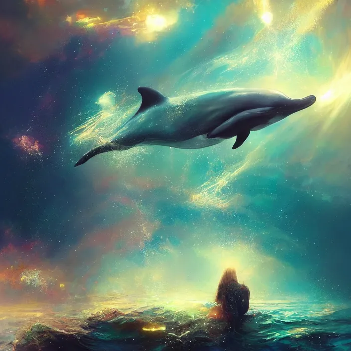 Prompt: glimmering whale, dolphins, cosmos, milky way galaxy, golden hour, god rays, coral reef, dreamscape by artgerm and ruan jia and ismail inceoglu and greg olsen, masterpiece, beautiful, intricate, elegant, highly detailed