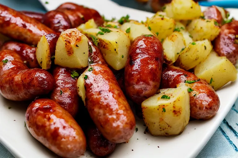 Prompt: bbq sausages potato salad dinner shallow fried food photography delicious