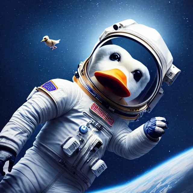 Image similar to epic portrait of an astronaut duckling, awesome gorgeous symmetrical perfect octane vfx maya render realistic