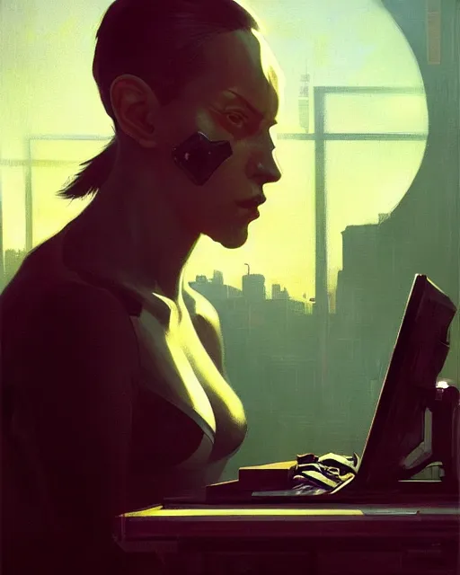 Image similar to cyberpunk ape hacker at the computer. sci - fi art by greg rutkowski, gustave courbet, rosa bonheur, edward hopper. faithfully depicted facial expression, perfect anatomy, sharp focus, global illumination, radiant light, detailed and intricate environment, trending on artstation