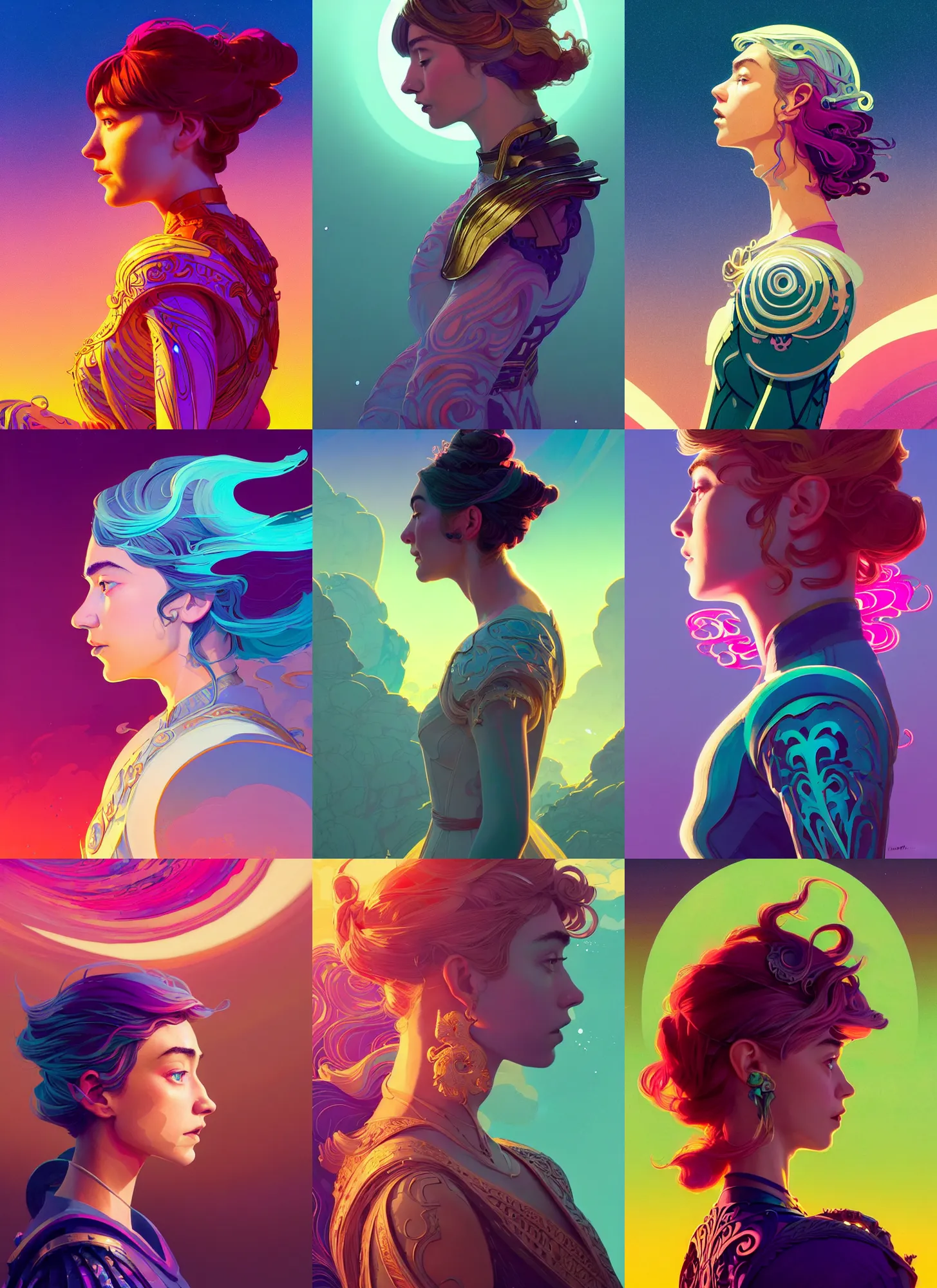 Prompt: side profile centered painted portrait, Imogen Poots as a Paladin, D&D, matte painting concept art, art nouveau, beautifully backlit, colourful, swirly vibrant color lines, fantastically gaudy, aesthetic octane render, 8K HD Resolution, by Victo Ngai and Kilian Eng and Jake Parker and ilya kuvshinov and Cushart Krentz and Gilleard James