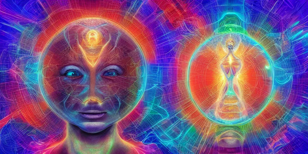 Image similar to transcendence into collaborative intelligence, endless collaboration with ai, connectedness, body, lcd, by alex grey, album cover, award winning, beautiful, colorful, volumetric lighting, trending on artstation, cinematic