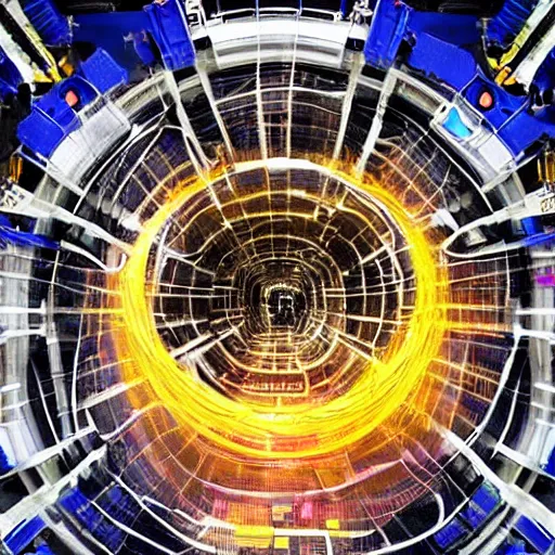 Image similar to of demons crawling out of the Large Hadron Collider at Cern carrying interdimensional technologies with them 8k extremely high level of detail