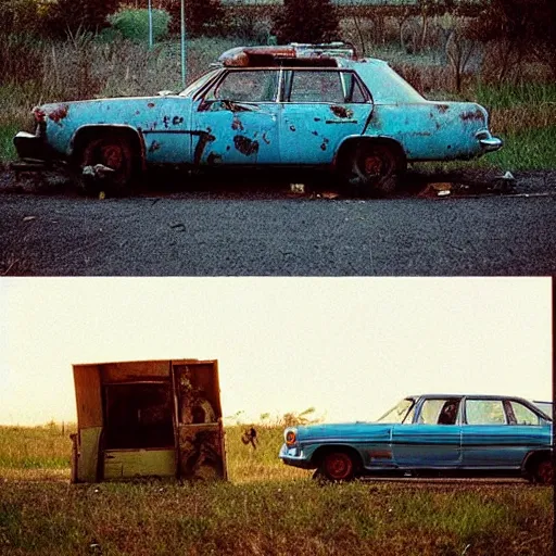 Image similar to “zombie apocalypse photography, various subjects, cinestill 800t, in the style of William eggleston”