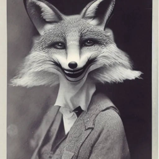 Image similar to anthropomorphic fox in a theatre play, 1920s photograph