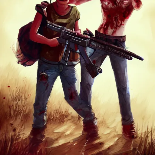 Prompt: a concept art of a boy and a girl with red hair holding a gun, zombie apocalypse, highly detailed, digital painting, artstation, concept art, smooth, sharp focus, illustration