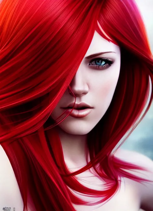 Image similar to photo of gorgeous woman with her right side hair dyed red and left side hair white in the style of stefan kostic, realistic, half body shot, sharp focus, 8 k high definition, insanely detailed, intricate, elegant, art by stanley lau and artgerm, foggy backgeound