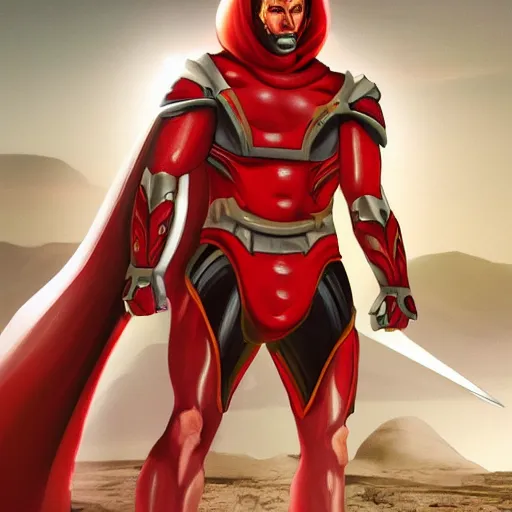 Image similar to portrait of a tall muscular infantry man in glossy sleek white armor with tiny red details and a long red cape, heroic posture, deermined expression, on the surface of mars, night time, dramatic lighting, cinematic, sci-fi, hyperrealistic, movie still