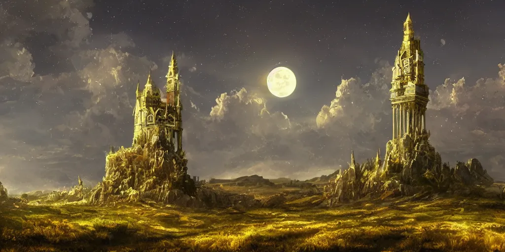 Image similar to The great intricate marble and golden wizards tower, painted landscape, green fields in the background, moody lighting, moon in the night sky, sharp image, 4k, artstation, colorful digital art