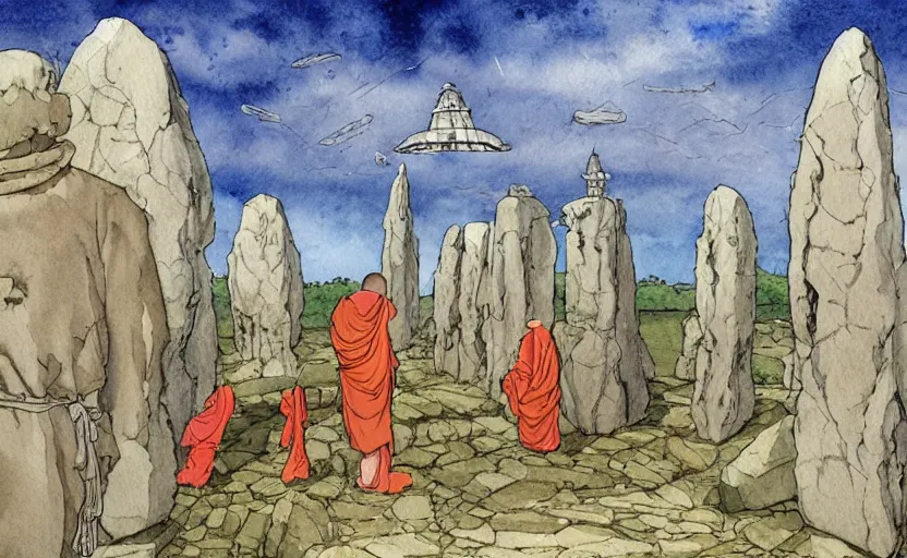 Image similar to a realistic watercolor fantasy concept art of giant monk with a big forehead in grey robes praying in stonehenge. several immense stones are floating in the air. in the background a large ufo is in the sky. by rebecca guay, michael kaluta, charles vess