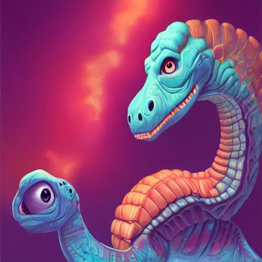 Image similar to Lofi vaporwave portrait dinosaur, Pixar style, Tristan Eaton, Stanley Artgerm, Tom Bagshaw