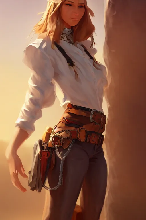 Image similar to full body, female cowgirl, perfect face, white blouse, holster, 8 k, magic the gathering, desert, d & d, artstation, high detail, smooth, sweaty character concepts by senior concept artist