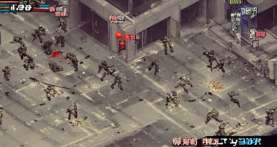 Image similar to 1998 Video Game Screenshot of Neo-tokyo Cyborg bank robbers vs police, Set inside of Parking Garage, Dark, Multiplayer set-piece Ambush, Tactical Squads :10, Police officers under heavy fire, Suppressive fire, Pinned down, Destructible Environments, Gunshots, Headshot, Bullet Holes and Anime Blood Splatter, :10 Gas Grenades, Riot Shields, MP5, AK45, MP7, P90, Chaos, Anime Machine Gun Fire, Gunplay, Shootout, :14 FLCL + Jet Grind Radio, Cel-Shaded:17, Created by Katsuhiro Otomo + Arc System Works + miHoYo: 20