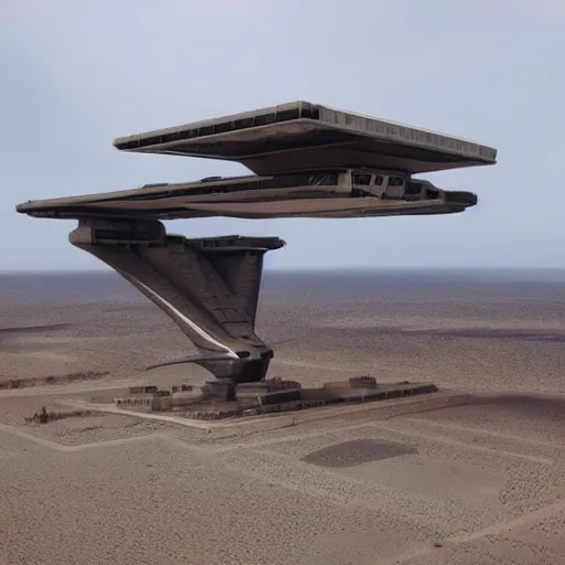 Image similar to Sci-Fi industrial futuristic Brutalism brutalistic huge huge flying carrier vehicle desert