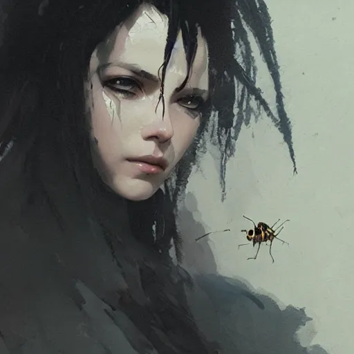 Image similar to portrait of a woman with black hair and insects coming put of her skin, dramatic lighting, illustration by Greg rutkowski, yoji shinkawa, 4k, digital art, concept art, trending on artstation