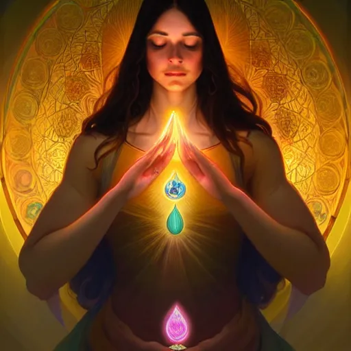 Image similar to a woman in deep meditation, chakras emiting mystical colored light, intricate, elegant, highly detailed, my rendition, digital painting, artstation, concept art, smooth, sharp focus, radiant light, illustration, art by artgerm and greg rutkowski and alphonse mucha