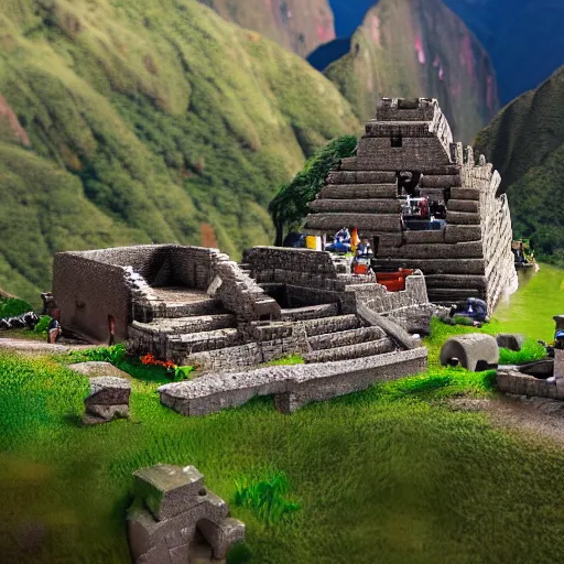 Prompt: Playmobil settlement at Machu Picchu, cinematic, bokeh, 4k 3D, detailed digital art, trending on artstation