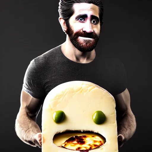 Prompt: food photography of jake gyllenhaal's face fused with halloumi cheese ( ( white halloumi cheese hybrid with jake gyllenhaal face ) ), jake gyllenhaal sentient cheese face fashioned from halloumi, by greg rutkowski