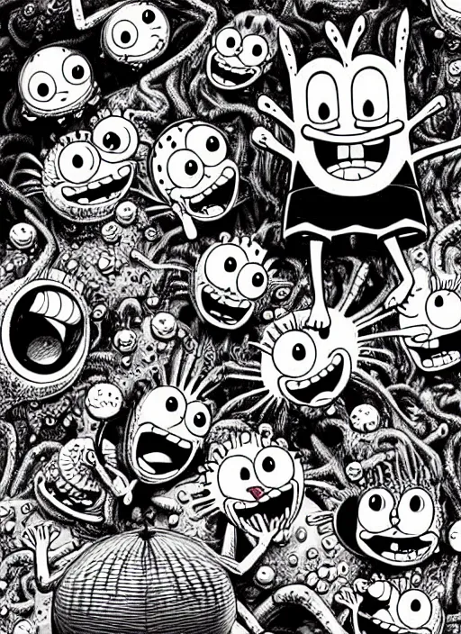 Image similar to junji ito style spongebob squarepants, intricate, highly detailed, illustration, art by junji ito, junji ito