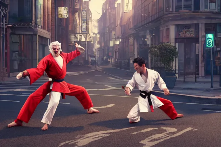 Image similar to ronald macdonald fights, colonel sanders, hyper real, 8 k, octane render, vivid, bright, photo realistic, martial arts, city street