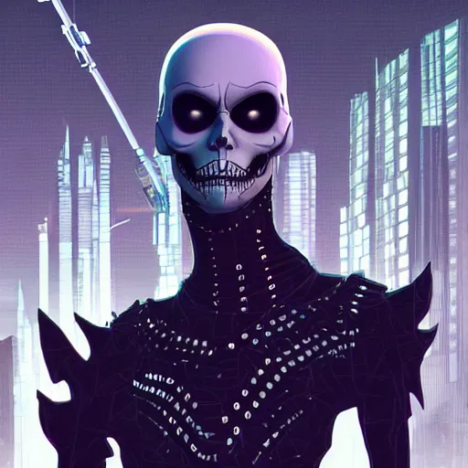 Image similar to cyberpunk jack skellington as the leader of a futuristic communist nation, cybernetics, sharp lines, digital, artstation, colored in