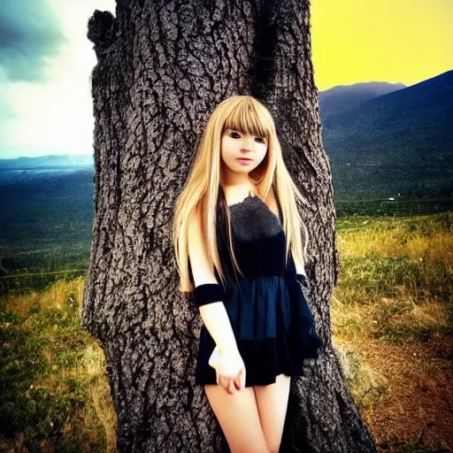 Prompt: misa amane standing near a beautiful landscape, back facing, mountain with a dead tree in the background, sunset with cloudy skies, in a different realm, award winning dslr photography, clear image, global illumination, radiant lighting, intricate environment