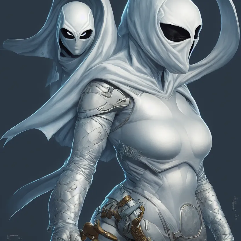 Image similar to female moon knight, hyper detailed, digital art, trending in artstation, cinematic lighting, studio quality, smooth render, unreal engine 5 rendered, octane rendered, art style by klimt and nixeu and ian sprigger and wlop and krenz cushart