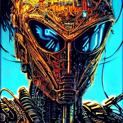 Image similar to cyberpunk knight, upper body, atmospheric lighting, painted, intricate, golden hour, ultra detailed by philippe druillet