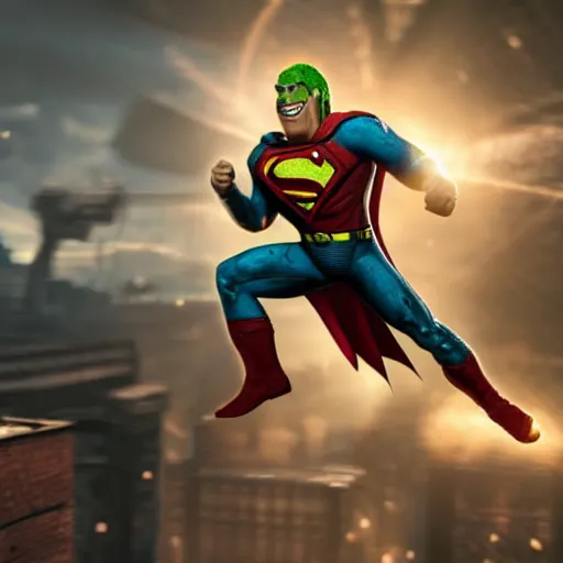 Image similar to pickle rick as superman! flying in ( gears of war ), splash art, movie still, detailed face, photo realistic facial features, cinematic lighting, dramatic, octane render, long lens, shallow depth of field, bokeh, anamorphic lens flare, ( 8 k ), hyper detailed, 3 5 mm film grain