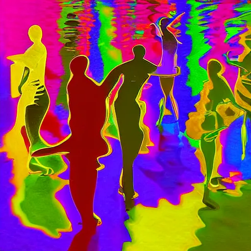 Image similar to liquid people dancing in a lightfull room by lynda benglis, hyperrealistic, colorful shadows, high detail, digital art