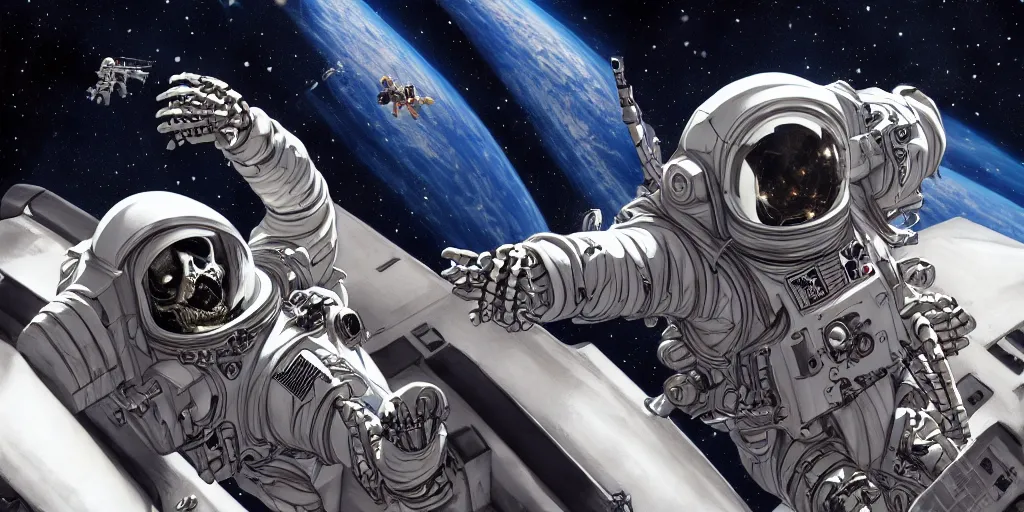 Image similar to a cyborg skeleton astronaut floating in a space shuttle by Mark Brooks, highly detailed, trending on artstation