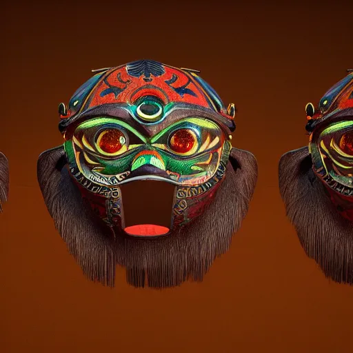 Prompt: a tribal masks, japanese pottery, vivid colors, wood, metal, intricate details, trending on cgsociety, glowing eyes, one per image, sharp focus, ultra realistic details, cinematic atmosphere, global illumination, shadows, octane render, 8 k