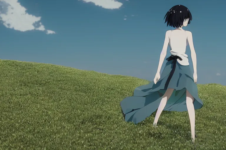 Prompt: 3D CG anime Land of the Lustrous Houseki no Kuni character Phosphophyllite person made of bluegreen gem rock standing in a grassy field on a sunny day wearing a white business shirt with black tie and black shorts, ocean shoreline can be seen on the horizon, holding a black katana, beautiful composition, 3D render, 8k, key visual, backlit, Makoto Shinkai, studio Ghibli