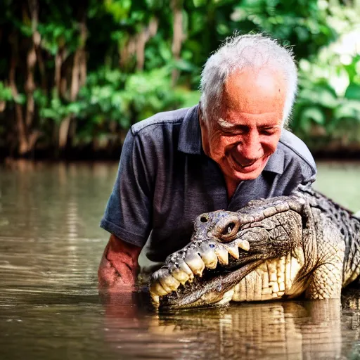 Image similar to elderly man feeding a crocodile, smiling, happy, crocodile, jungle, canon eos r 3, f / 1. 4, iso 2 0 0, 1 / 1 6 0 s, 8 k, raw, unedited, symmetrical balance, wide angle