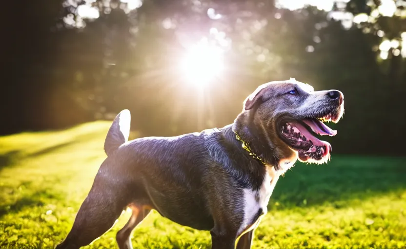 Image similar to portrait of a happy dog, natural light, lens flare