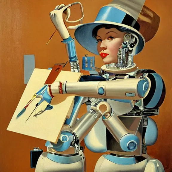 Prompt: robot artist painting a self - portrait on a canvas. intricate, highly detailed, photorealistic, film still, by gil elvgren.