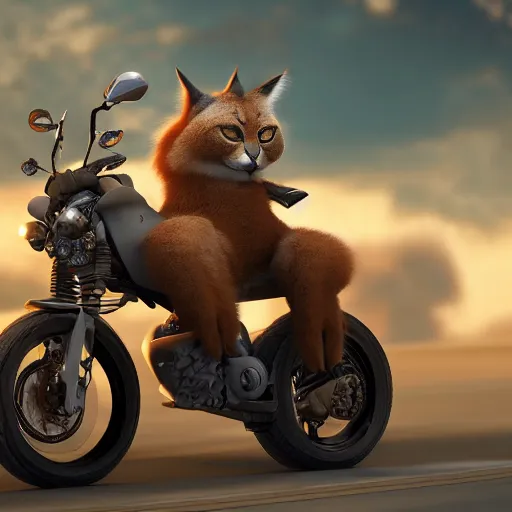 Prompt: cute fluffy caracal riding a motorcycle, hyper detailed, digital art, trending in artstation, cinematic lighting, studio quality, smooth render, unreal engine 5 rendered, octane rendered