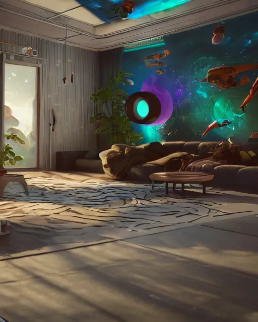 Image similar to artstation scifi scene of a safe room as ikea ad, lounge furniture, carpeted floor, sky mural on the room ceiling, holographic nature art walls, large terrarium, paneled walls, unreal engine 5, hyper realism, realistic shading, cinematic composition, blender render, octane render, hdr, detailed textures, photorealistic, wide shot