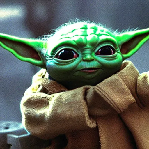 Image similar to baby yoda pointing a gun at you