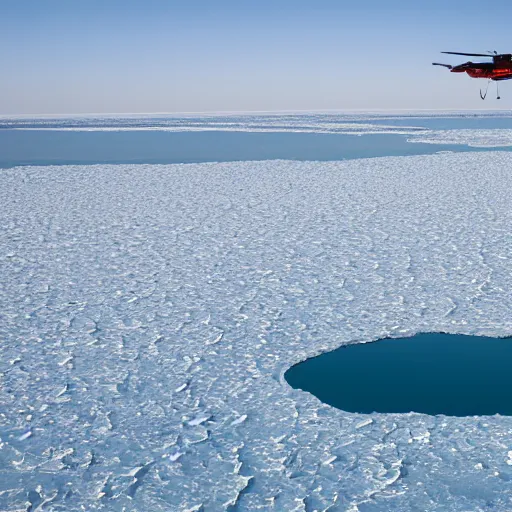 Image similar to a blue helicopter flying over ice floes