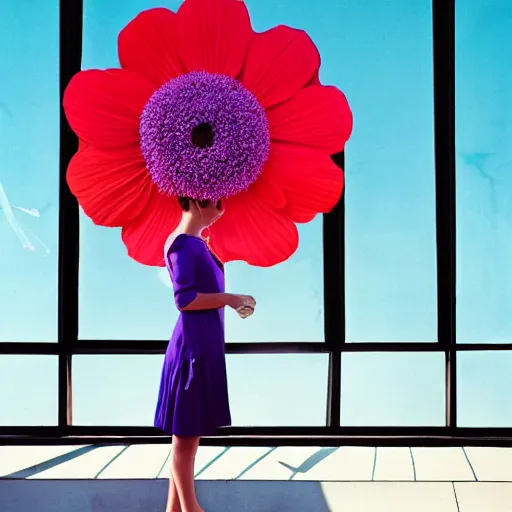 Image similar to giant flower head, girl standing by 1 9 6 0 window, surreal photography, symmetry, mid century, flat perspective, bright colours, blue sky, realistic, wes anderson