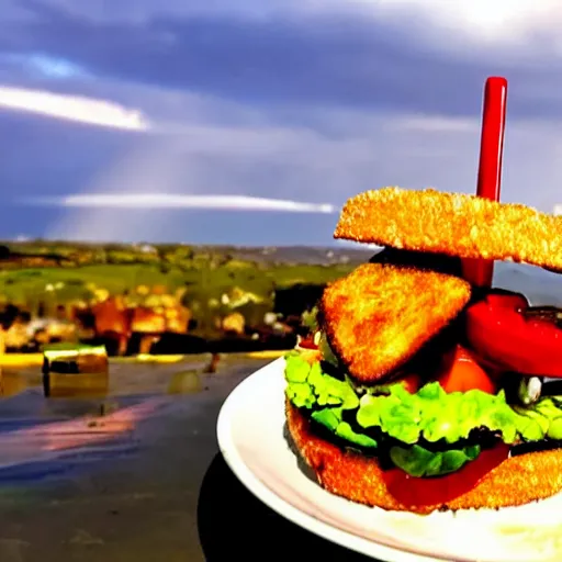 Image similar to one sandwich with fried tofu, one red tomato slice, mayonnaise, one fried onion ring, avocado, melted cheddar, over a red dish that is on a table, with a sunset and rainbow in the background with saturn and stars in the sky