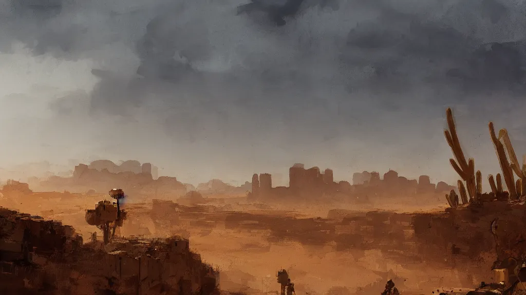 Image similar to desert landscape with a village in the distance, papyrus, watercolored, jakub rozalski, dark colours, dieselpunk, artstation
