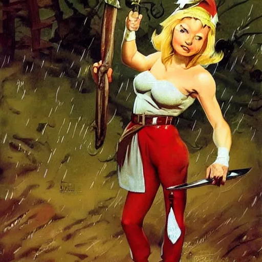 Image similar to determined elf woman with short blonde hair wearing a kitchen maid's uniform while holding a chef's knife and standing in the rain, fantasy, highly detailed, character portrait by Frank Frazetta