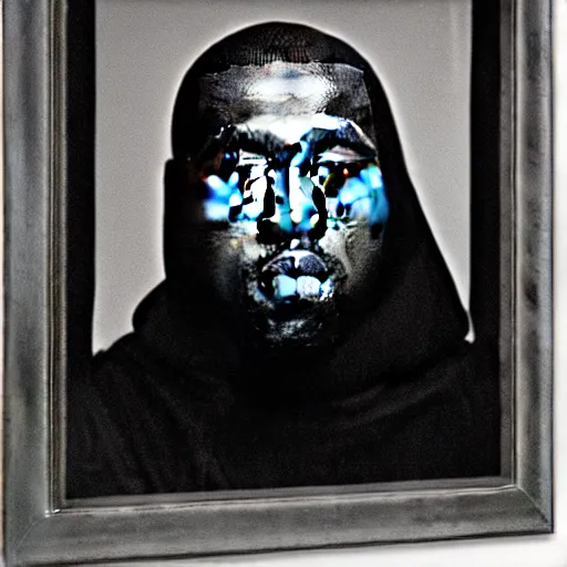 Image similar to a chiaroscuro lighting portrait of kanye west dressed as rick owens, black background, portrait by julia margaret cameron, shallow depth of field, 8 0 mm, f 1. 8